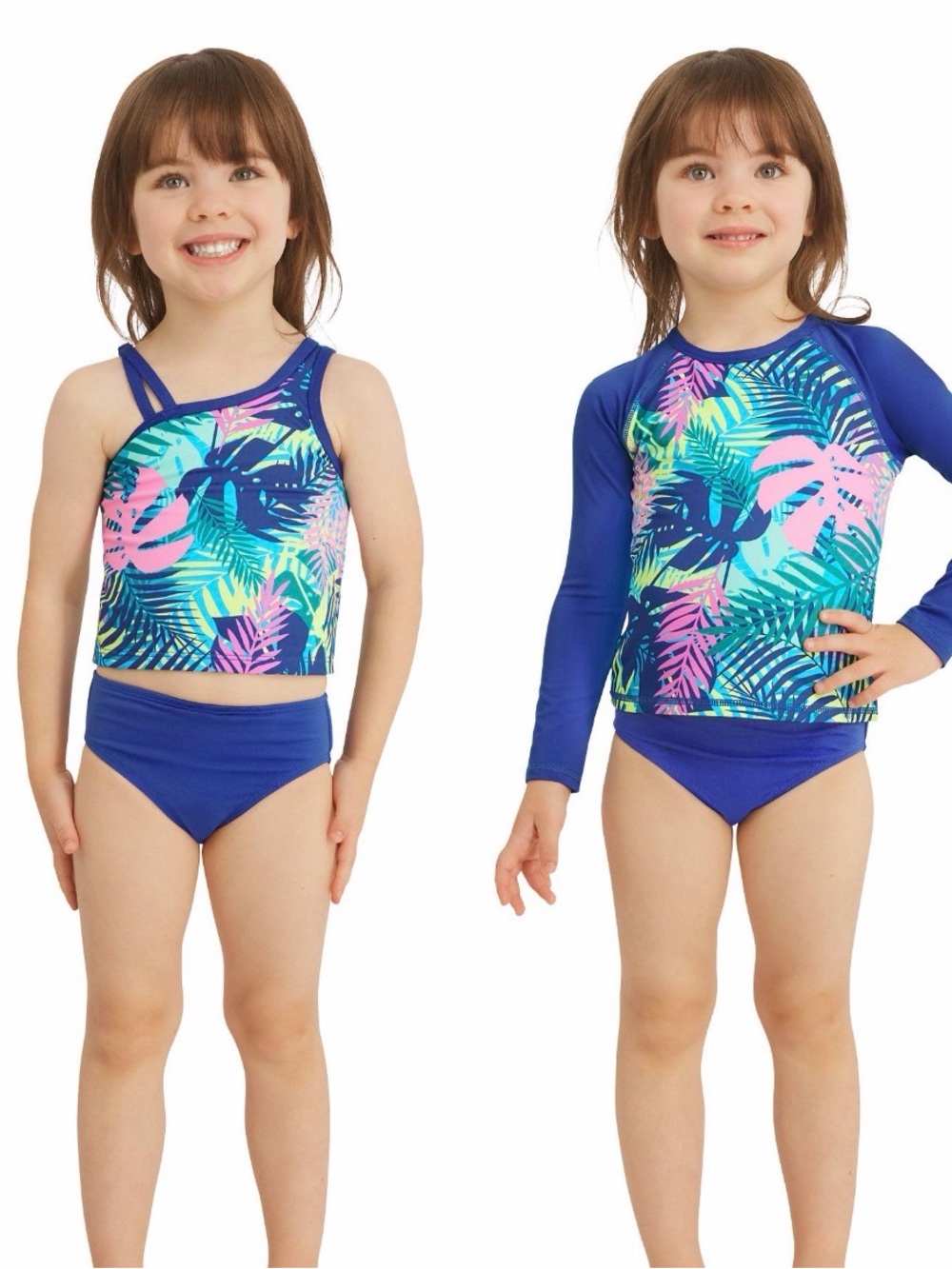 Lands' End Girls Blue Tropical Print Two-Piece Swim Set with Pink Accents